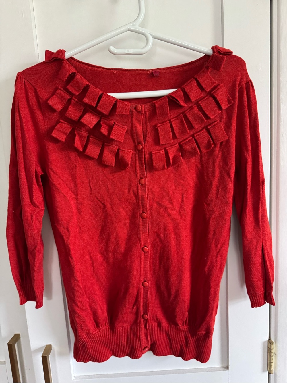 Women’s Red Ruffle-Trim Button Cardigan